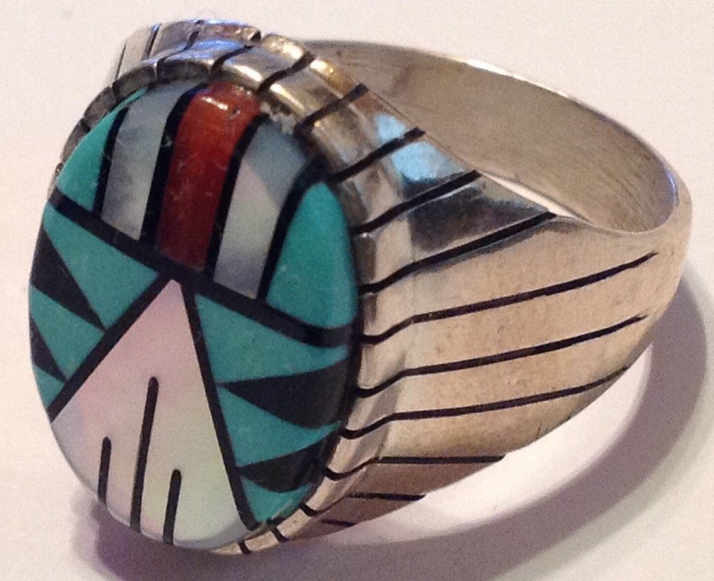 Native American Large Sterling multi stone inlaid ring (1 of 5)
