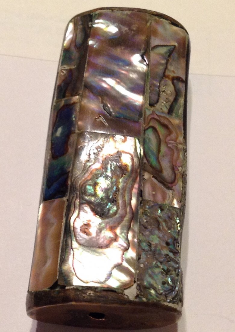 Estate vintage old abalone inlay lighter cover: Estate items. Markings..Mexico . Abalone inlay. tested. Not silver .. 26.9 grams.