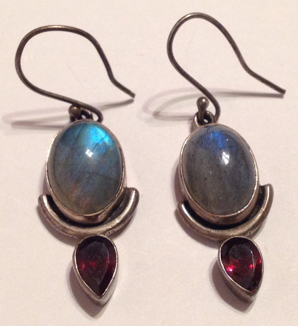 Estate vintage Sterling 925 Moonstone garnet earrings (1 of 4)