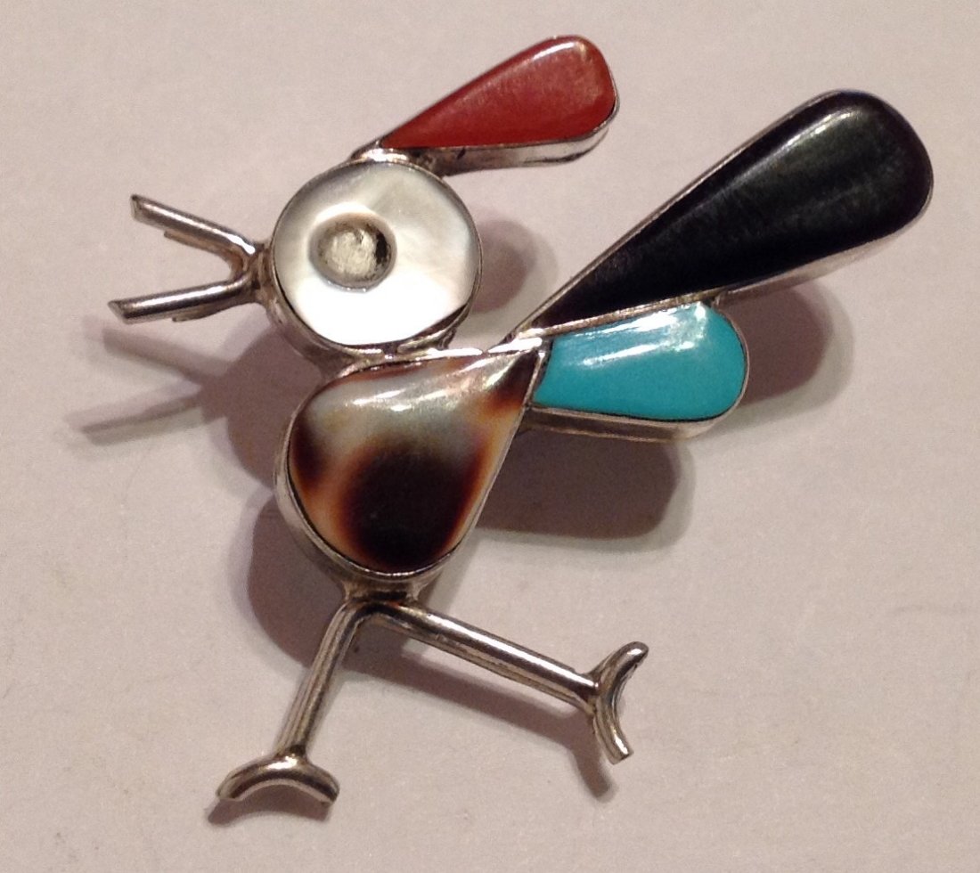 Estate native Zuni Sterling inlay roadrunner pendant (1 of 5)