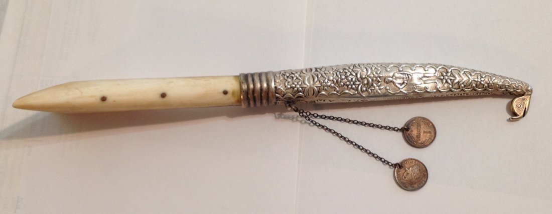 Antique Greek Cretan 900 silver bone dirk dagger: Estate items. marks. Greek marks. 900. Tested. 900 Sterling silver on ferrule & scarab Old silver dangle 1901 Greek coins. Collectible. patina, rust,.bends,scuffs,