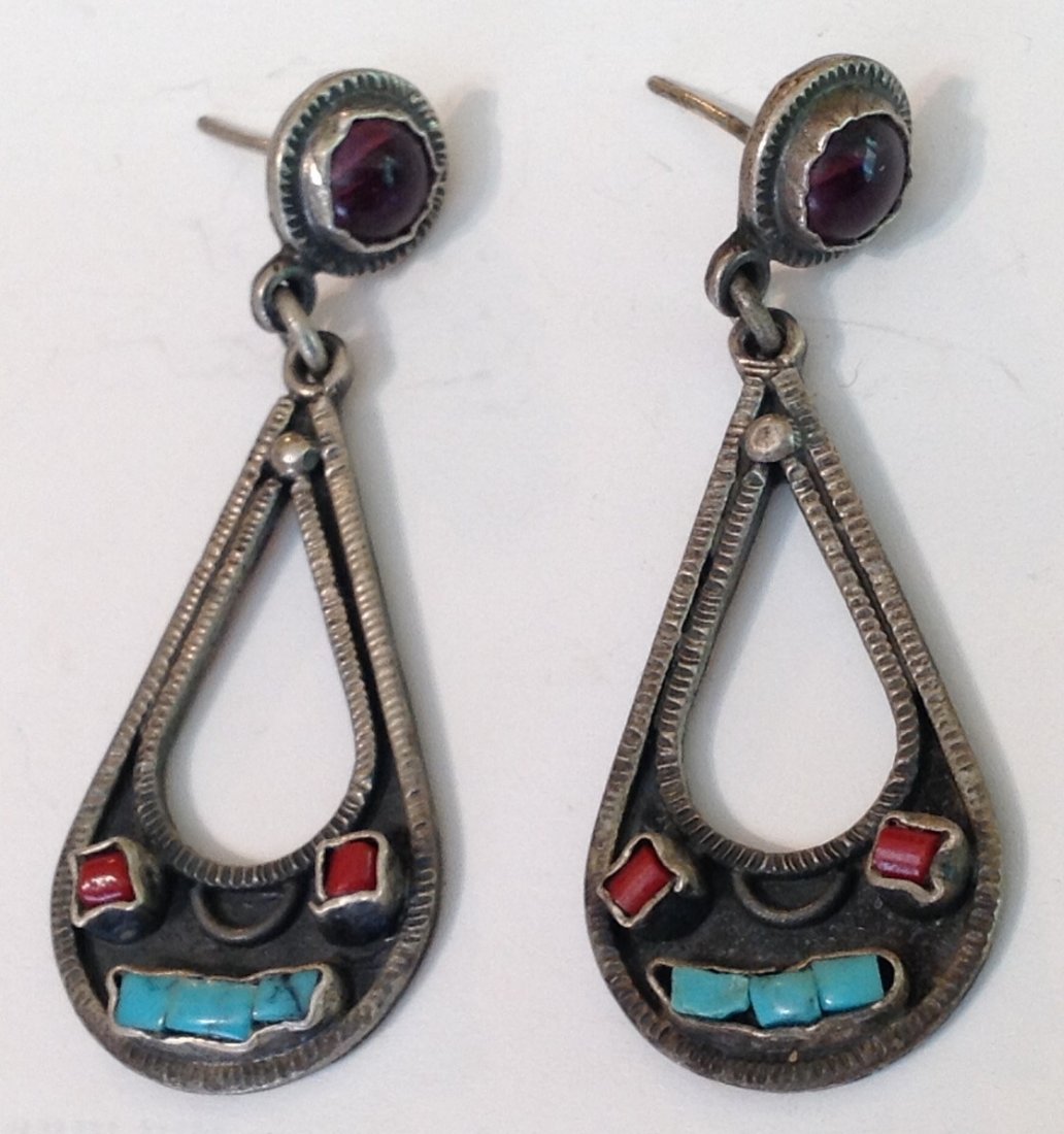 Estate vintage Native Sterling turquoise coral earrings: Estate items. Marked. Mexico 925. Tested. 12.3 grams. Old.