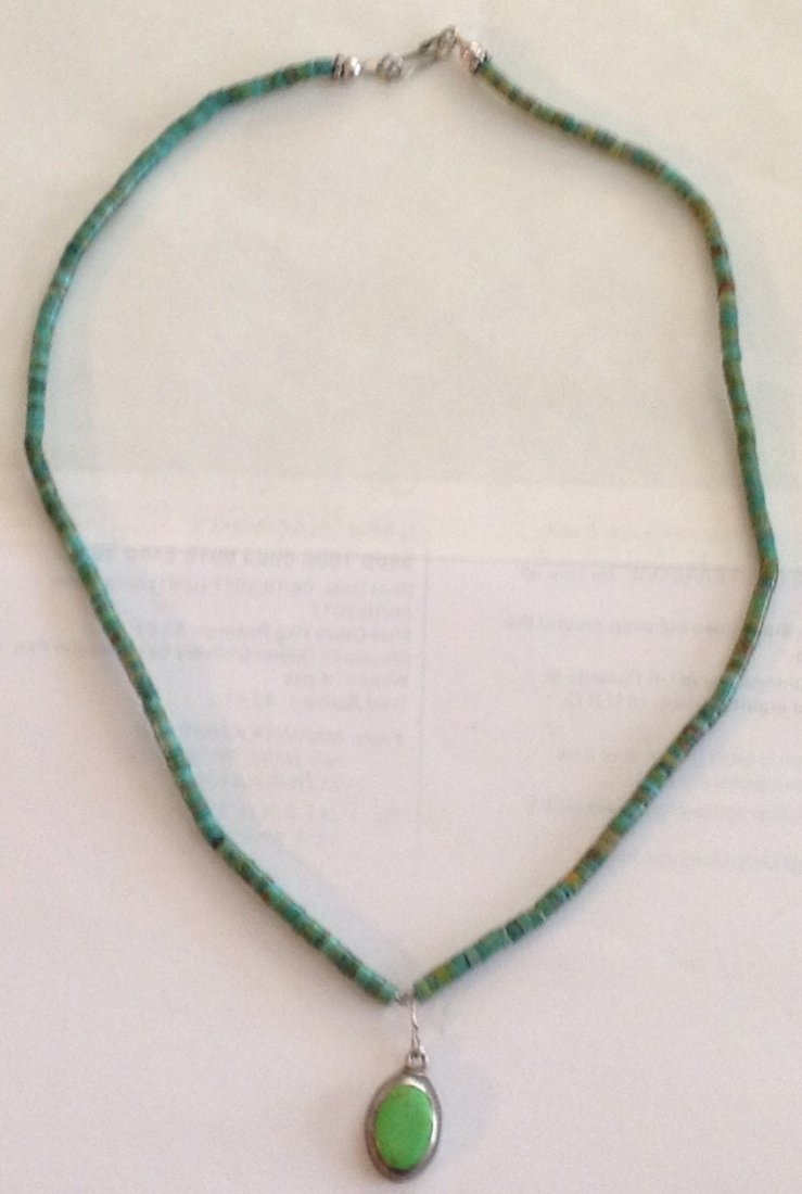 Estate native Sterling heishi turquoise necklace: Estate items. Marked. 925 mexico faint. Tested. Sterling . Size. 16 inch. Heishi Turquoise