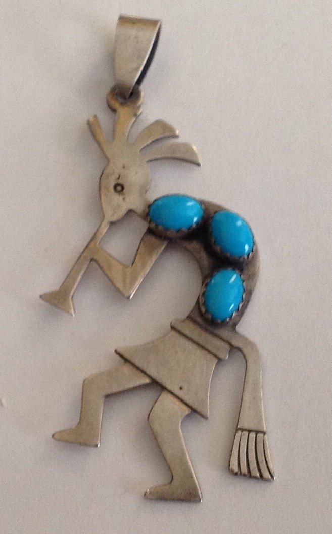 Estate Native Sterling kokopelli turquoise pendant (1 of 4)