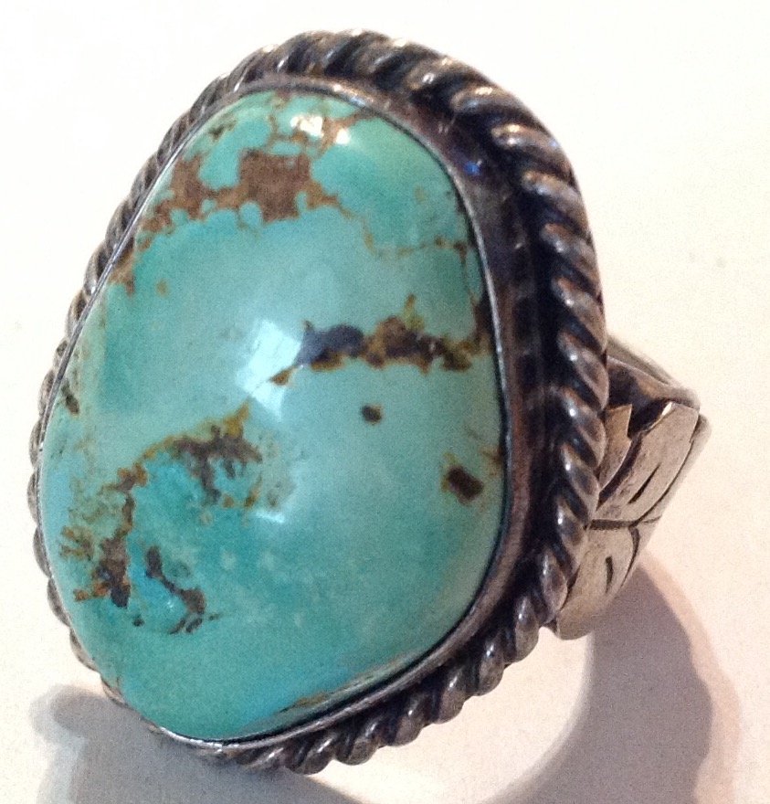 Estate old pawn silver Huge natural turquoise ring  (R) (1 of 5)