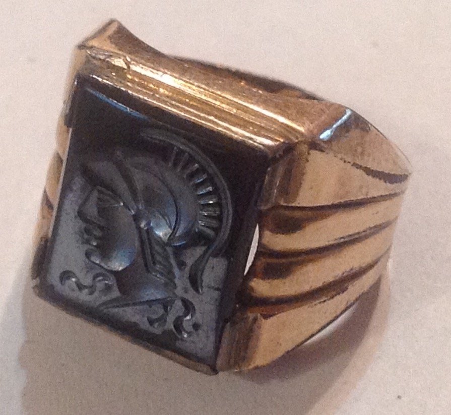 Estate antique 10k Goldfilled Roman soldier ring (R): Estate items. Marked. 10k. Tested. Goldfilled Size. 8 . Weight. 7.1 grams.