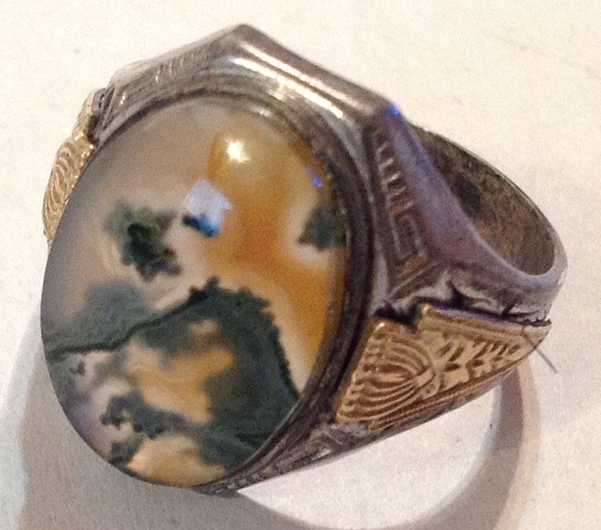 Estate antique Sterling Goldfilled moss agate ring  (R) (1 of 5)