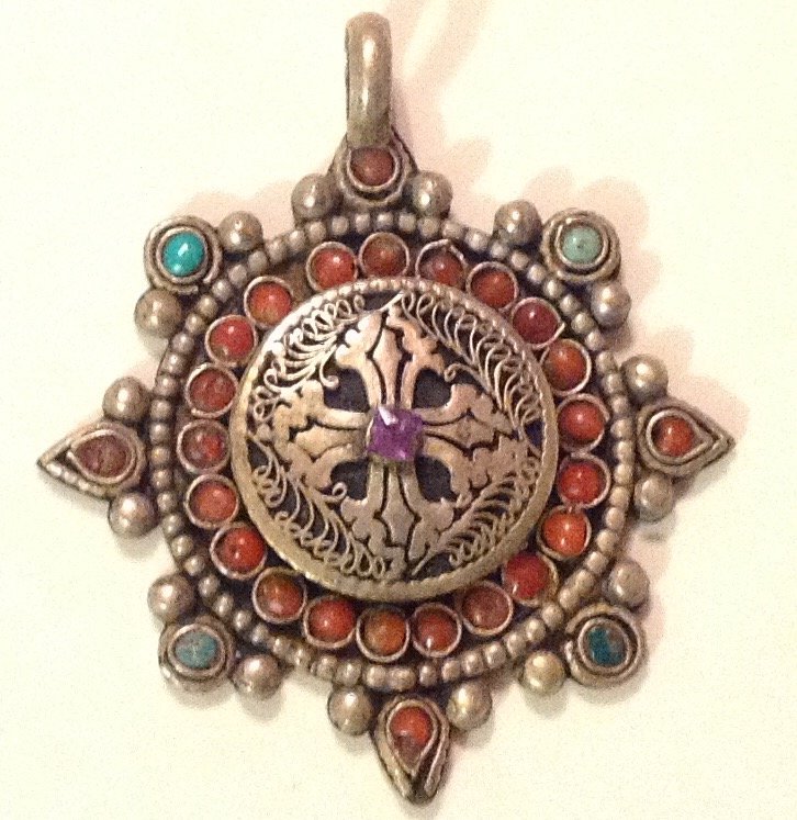 Estate Antique Mexico sterling turquoise coral pendant: Estate items. Marked. None .Tested . Silver , size. See pics. 7.7 grams. Stones worn.Intricate workmanship.