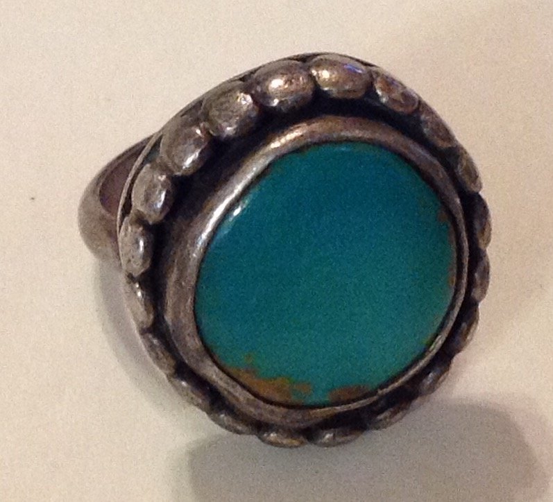 Estate James Harrison sterling turquoise ring: Estate items. Marked. None . Tested . Silver , size. 5.5 . 9.0 grams.