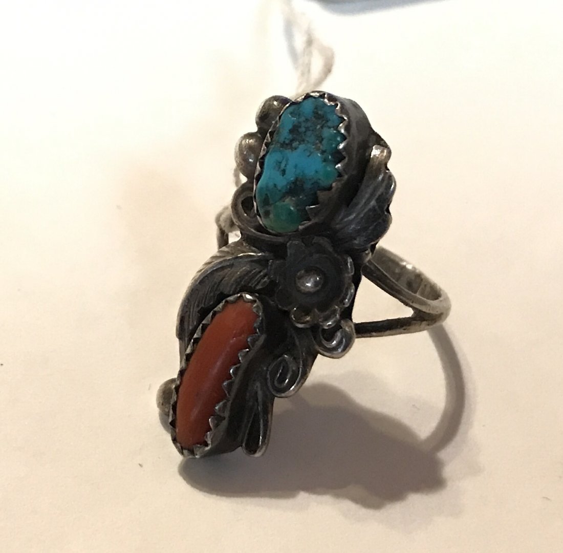 Estate Old pawn large sterling turquoise coral ring (1 of 3)