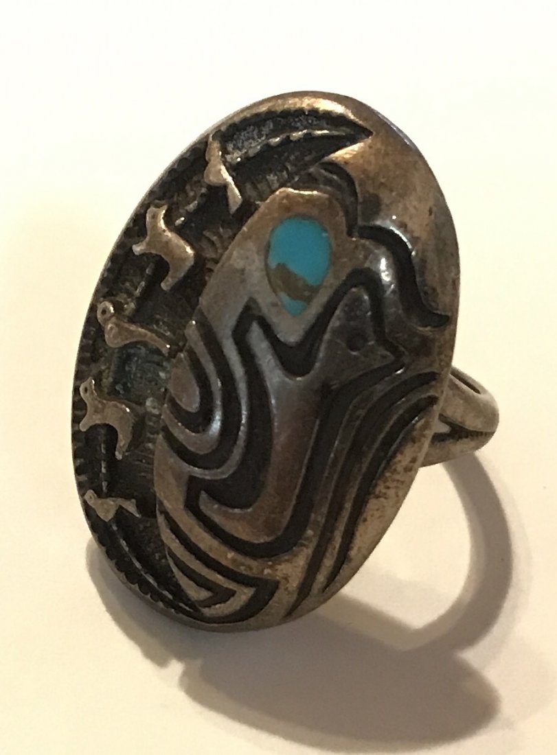 Estate Old Hopi large sterling overlay storyteller ring (1 of 3)
