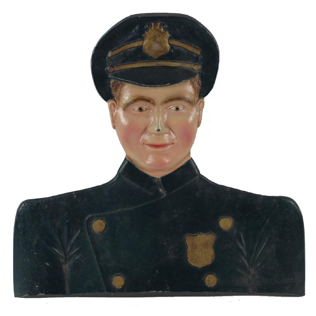 Detailed Painted Cast Aluminum Wall-Mounted Police: Measures 21” x 21”. A highly detailed, hand-painted bust of a police officer. It appears to have been once mounted to a wall. Minor paint wear including a spot on his nose.