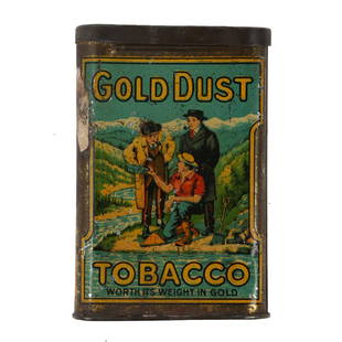 Rare Canadian B. Houde Co. Quebec “Gold Dust” Tobacco: Measures 4.5 x 3 x 1”. Considered among the rarest and most desirable Canadian tobacco tins and the only one made in the curved form. Depicts a prospector panning for gold with two onlooking