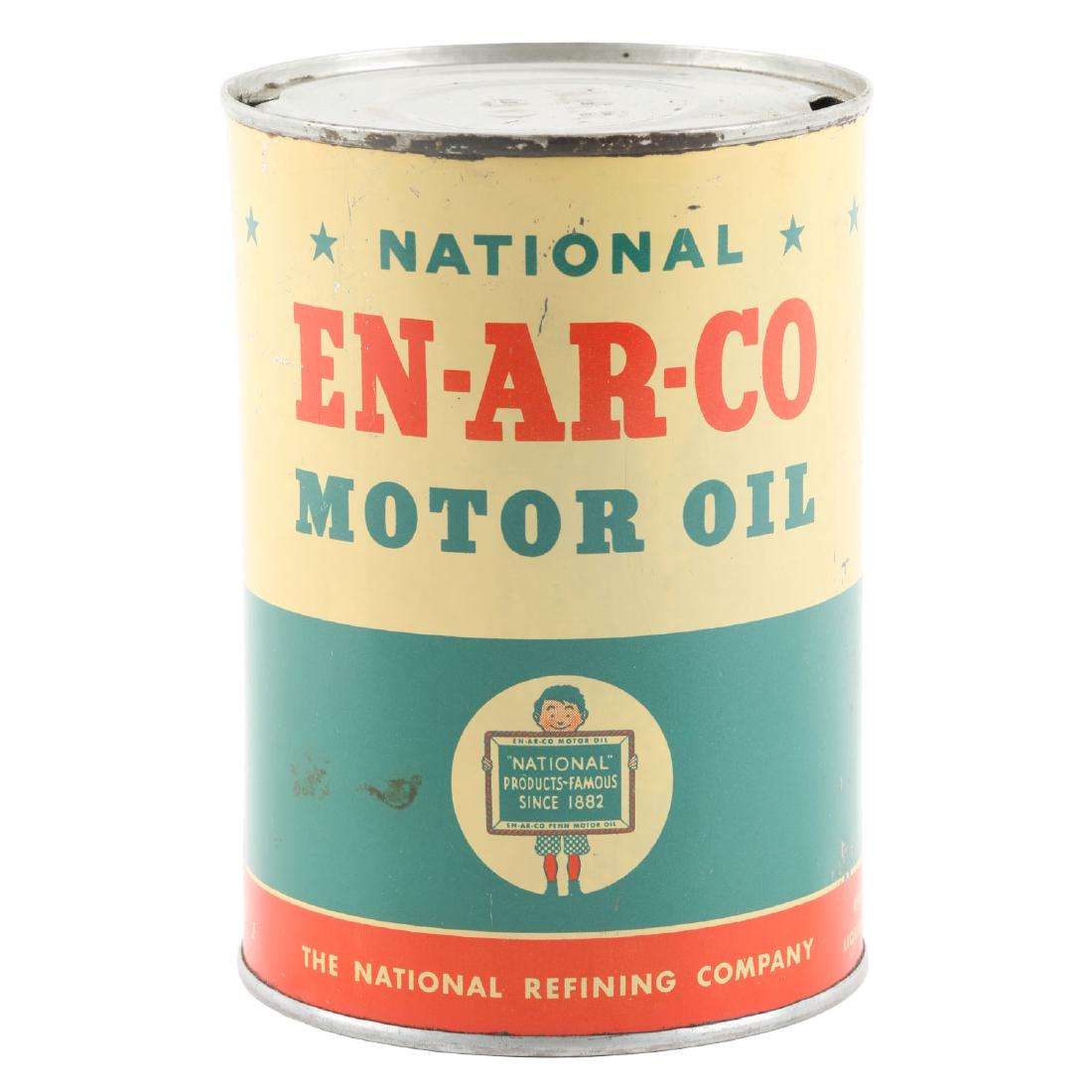 National EN-AR-CO Motor Oil 1 U.S Liquid Quart Tin: 1 U.S liquid quart motor oil can. A few scattered surface marks. Measures 5.5” x 4” in diameter.