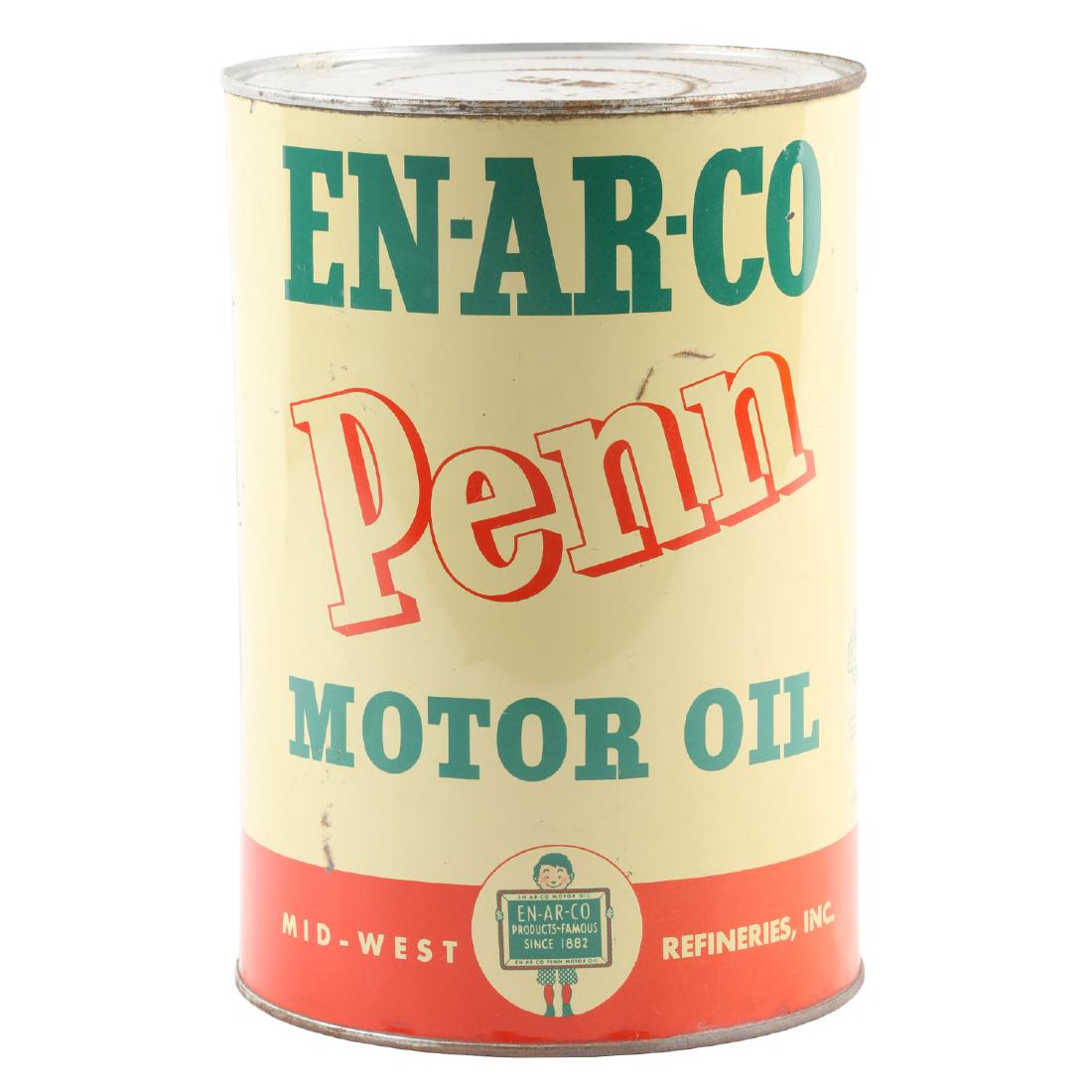 National EN-AR-CO Penn Motor Oil 5 U.S Liquid Quart Tin: 5 U.S liquid quart motor oil can. Mid-west refineries inc. Exhibits a few scattered blemishes.