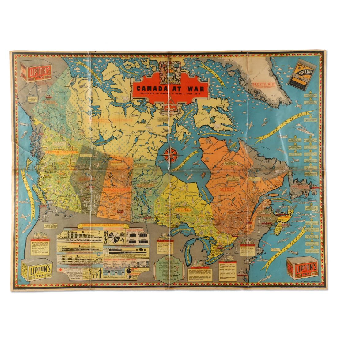 Rare WWII Lipton’s Tea “Canada At War” Lithographed Map (1 of 10)