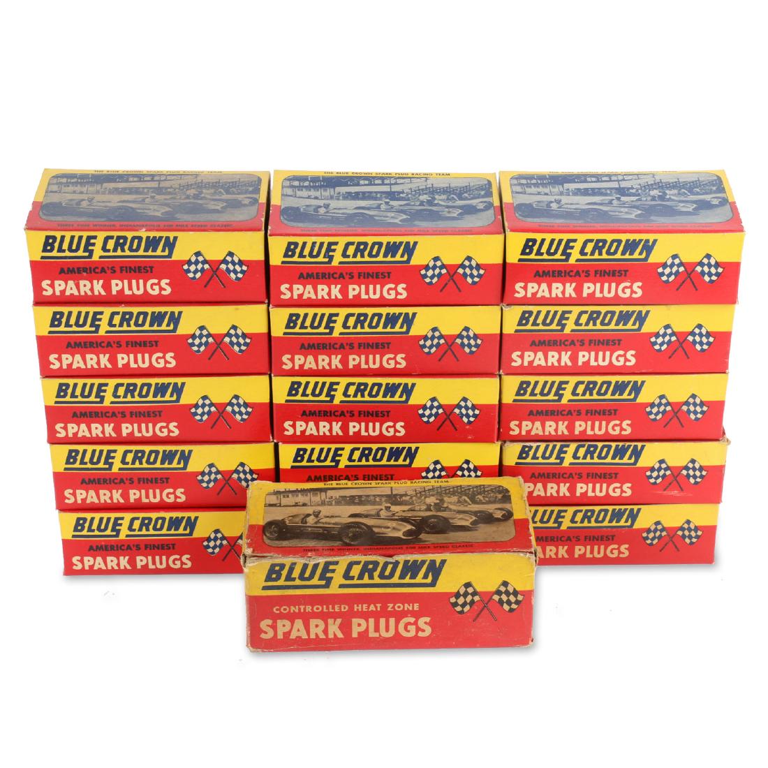 Lot 16 Boxes 1940’s New Old Stock Blue Crown Spark: A large lot of 16 full boxes of 10 individually packaged “Blue Crown” brand spark plugs. The original graphic packaging exhibits excellent eye appeal for display purposes.