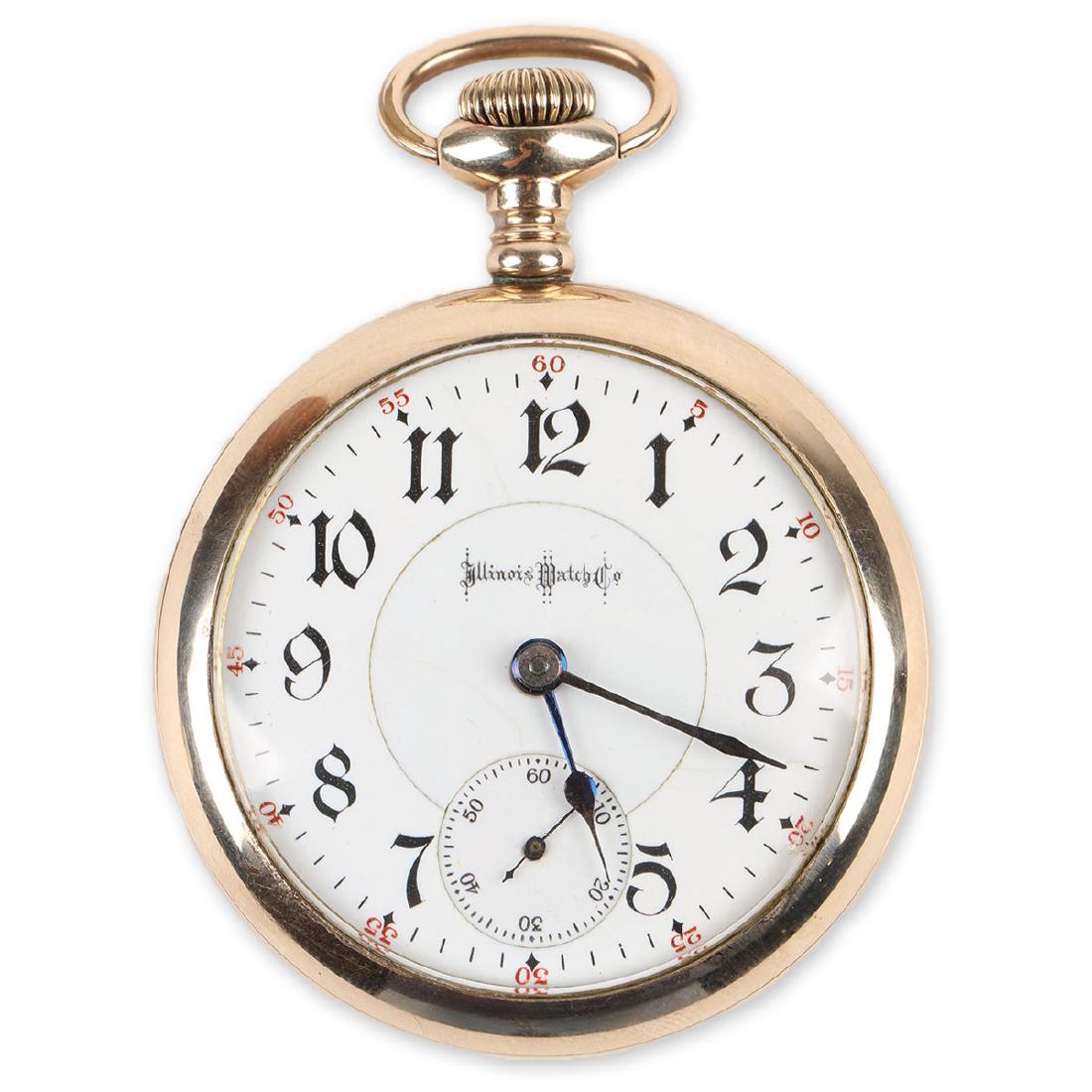 18S 21J Illinois “Bunn Special” Tu-Tone Pocket Watch: 18 size, 21 ruby jewels adjusted. Wadsworth “Torpedo” gold filled open-face screw-down case. Rarer “tu-tone” gilt/nickel movement finish. Lever-set movement. Double-sunk gothic script dial wit