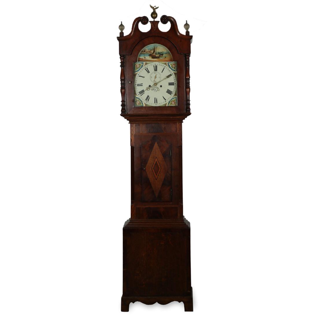 C.1840s John Pearson (Louth, England) Tallcase Clock: A fine C.1840s tallcase clock by English clockmaker John Pearson of Louth, Lincolnshire England. Oak and mahogany inlaid case, brass chiming works. Complete, original, and fully serviced.