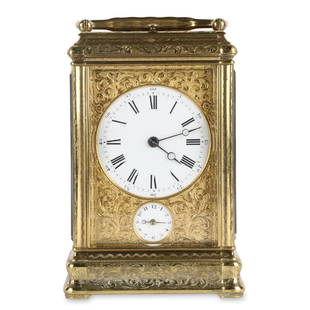 French-Engraved Grande Sonnerie Carriage Clock & Alarm: Engraved gorge brass case with fully-visible twin-barrel movement. Porcelain dial with sub-alarm dial below. Grand sonnerie (full quarter repeating) chime with strike selector lever beneath. Blued ste