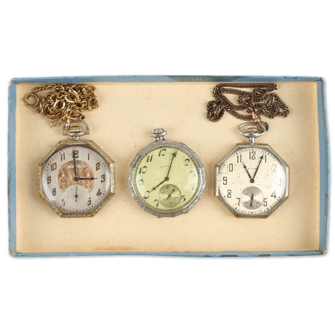 Three (3) 10S Gold Filled Elgin Dress Pocket Watches & (1 of 6)