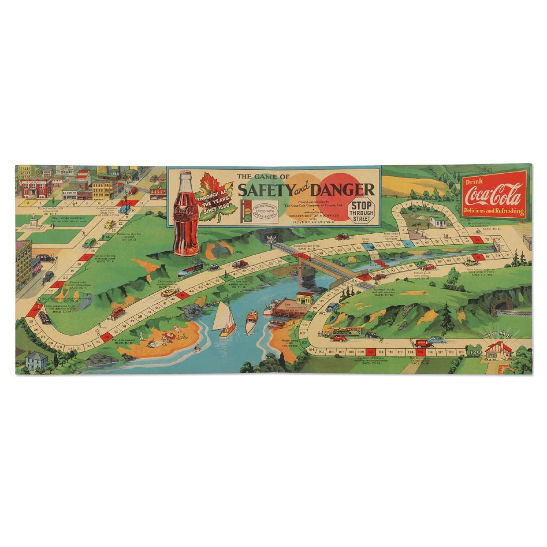 Canadian Coca-Cola Danger & Safety Game: 11" x 27". Canadian Coca-Cola Danger & Safety Game. Authorized by the Ontario Department of Highways. Condition: Very Good. Minor stain, corner and edge wear.