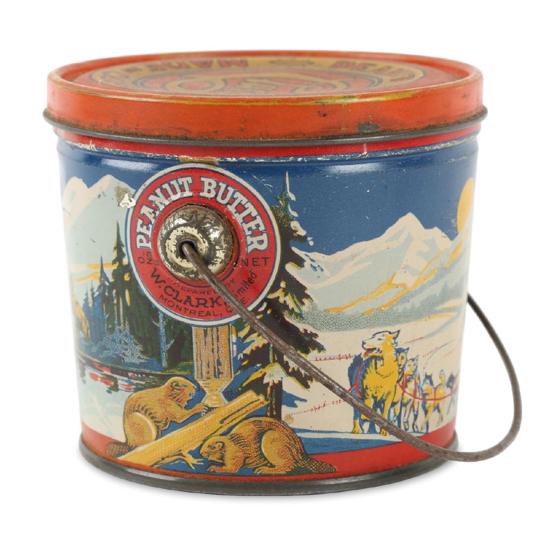 Clark's Peanut Butter Tin litho Montreal: Original lid. Scenes of beaver, moose, Native American Indians in canoes. Marked "Made in Canada" on lid, "W. Clark Montreal". Condition: Very Good. 3.25" x 3.25"