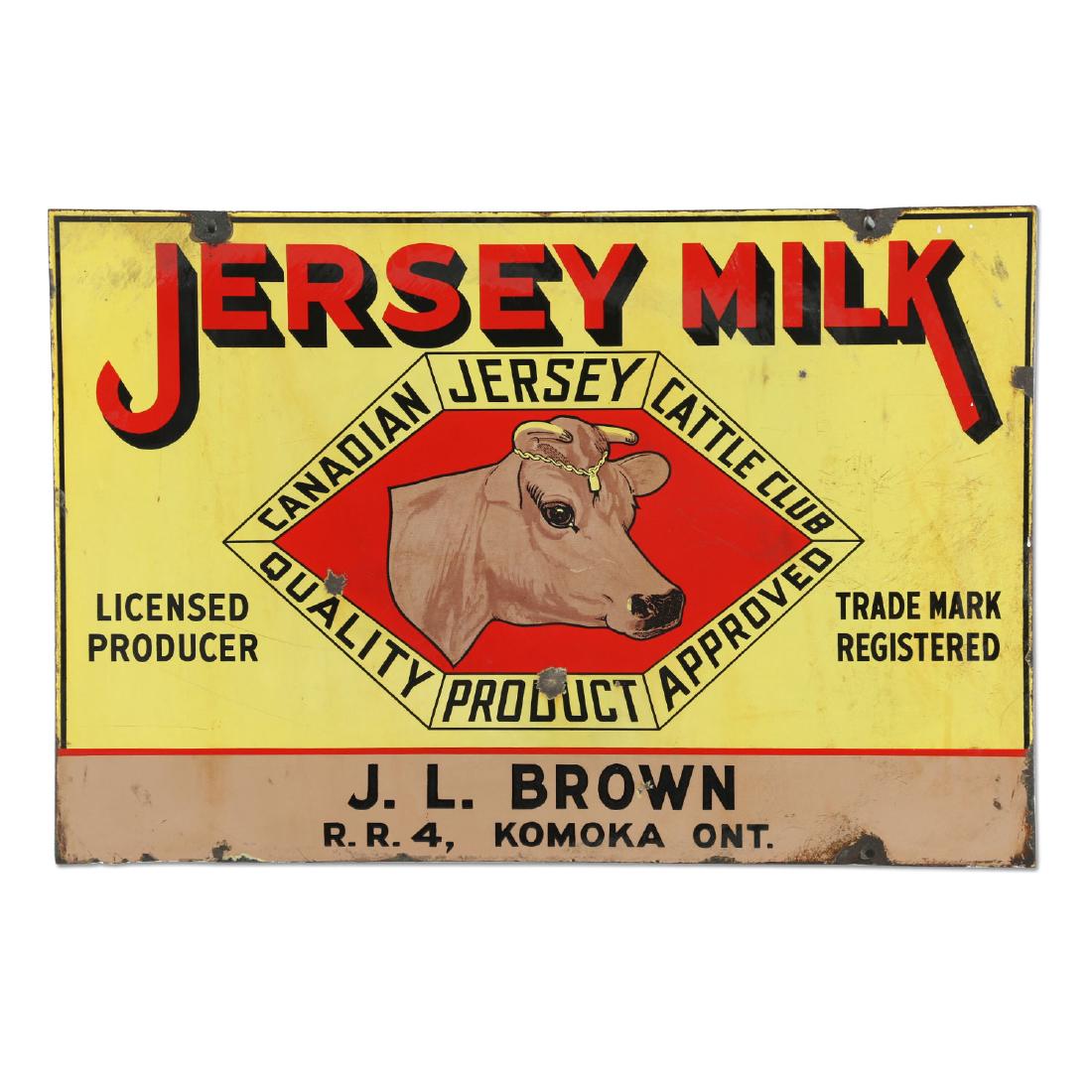 Jersey Milk Cattle Porcelain Sign Komoka: Double Sided. L.J. Brown farms, Ontario. Condition: Good. Minor edge, grommet flakes. 36" x 24"