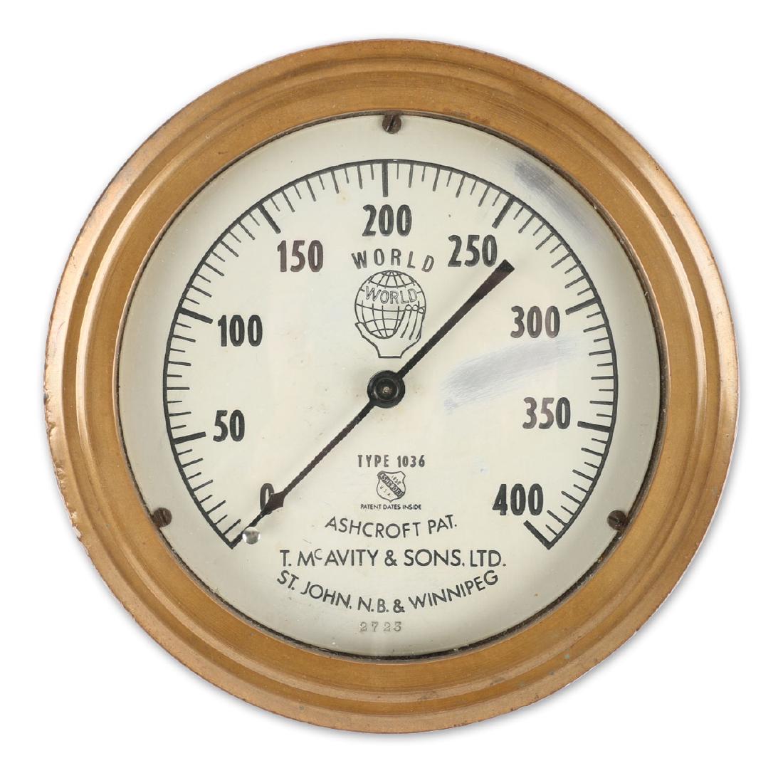 Locomotive Steam Pressure Gauge: Solid brass construction. Dial registers to 400lb of pressure. For locomotive use. Condition: Very Good. Dial a few localized scuffs. Unpolished case. 8.25" x 2.5"
