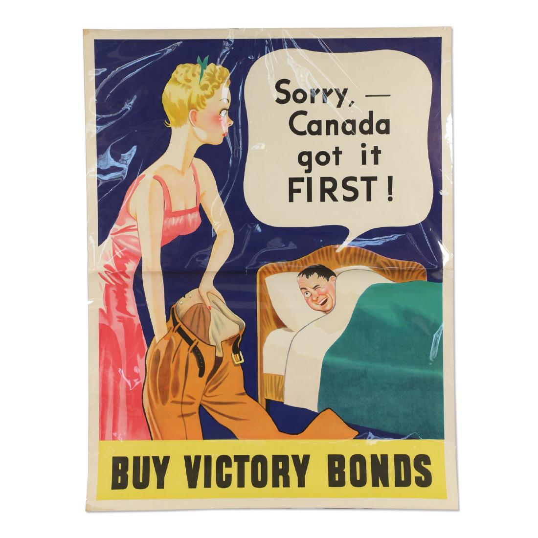 WWII "Buy Victory Bonds" Poster: Large lithographed paper poster. Seldom-seen version. Condition: Very Good. Light central horizontal crease. Professionally preserved within plastic (not adhered). 47" x 36"