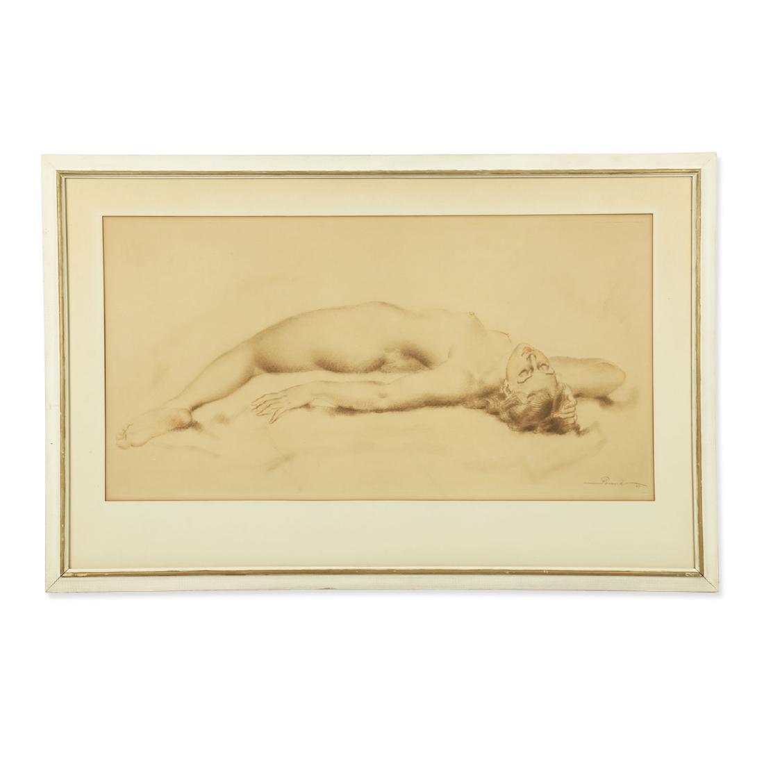 Cousard (20th Century), French: Reclining nude. Tinted Print. Signed and dated in pencil, lower right '69 (1969). Note: "Copyright by Ducher & Mathieu Dutuers, 35 Avenue D'l'opera, Paris" upper right.