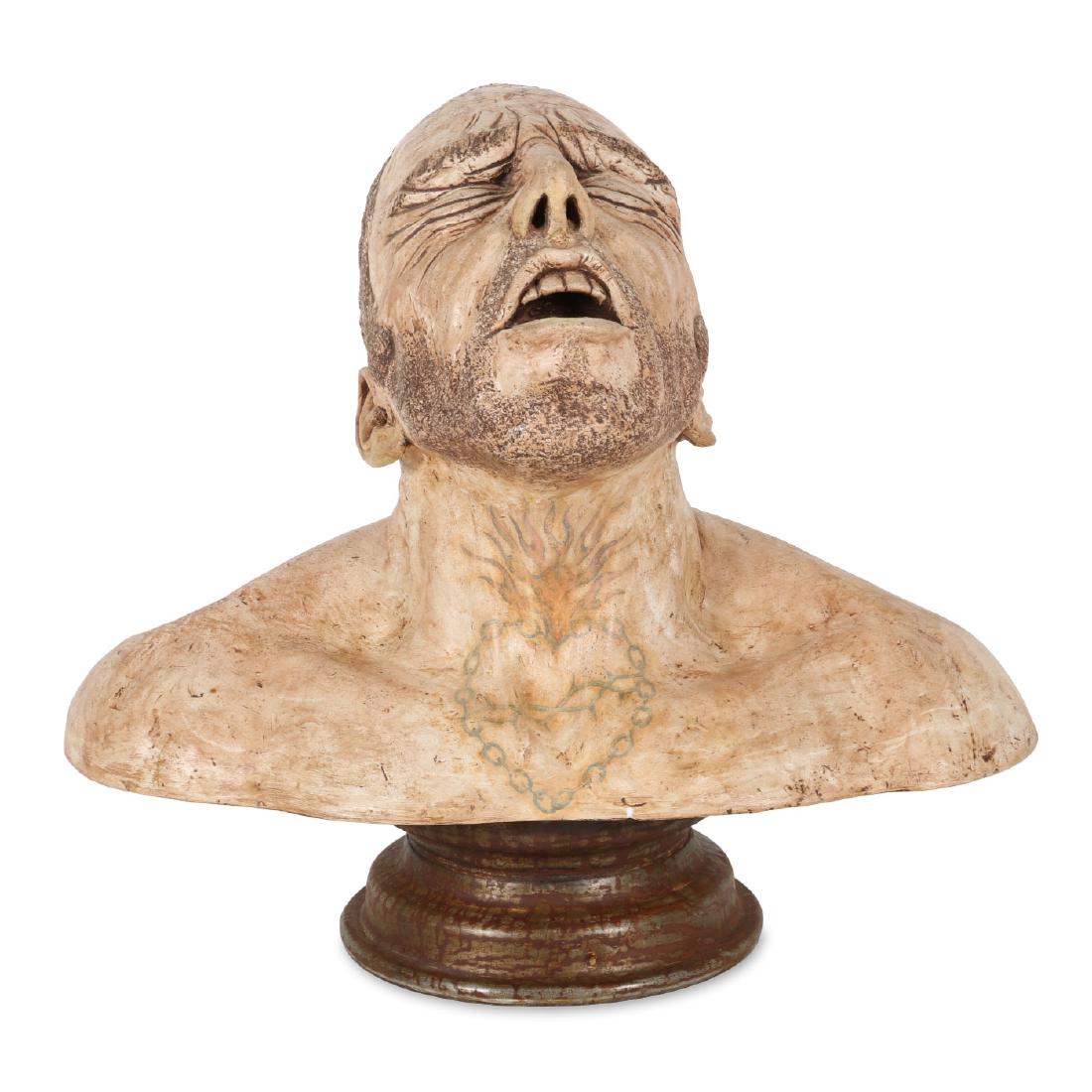 Elliott, Glenn (1941-2017), Canadian: Bust, screaming man. Hydrocal plaster, steel car rim base. 21" x 18" x 10"