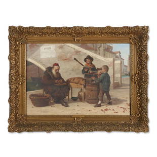 Paoletti, Antonio (1834-1912), Italian: Titled, "The Chestnut Roaster, Venezia" recto. Oil-on-canvas. Signed, lower right. 18" x 26". Note: Painting is accompanied by a watermarked certificate of authenticity from "The Alexander