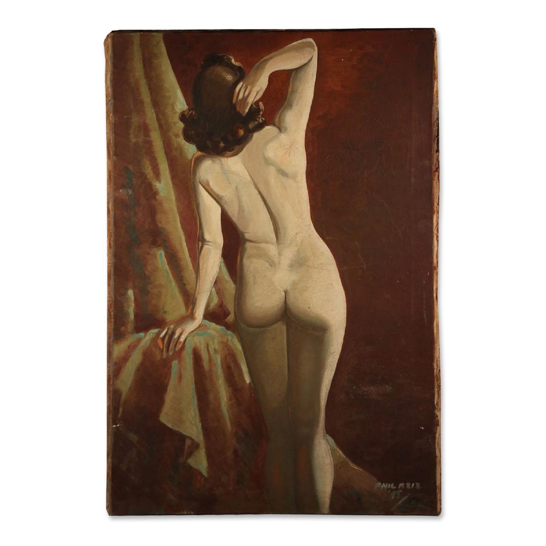 Aziz, Philip (1923 - 2009), Canadian: Posing Nude. Oil-on-canvas - Signed and dated, "45"Â lower right (1945). 36" x 24" Note: Aziz' Admirers included Salvidor Dali, The Ford, Vanderbilt and DuPont families. London Ontario artist.