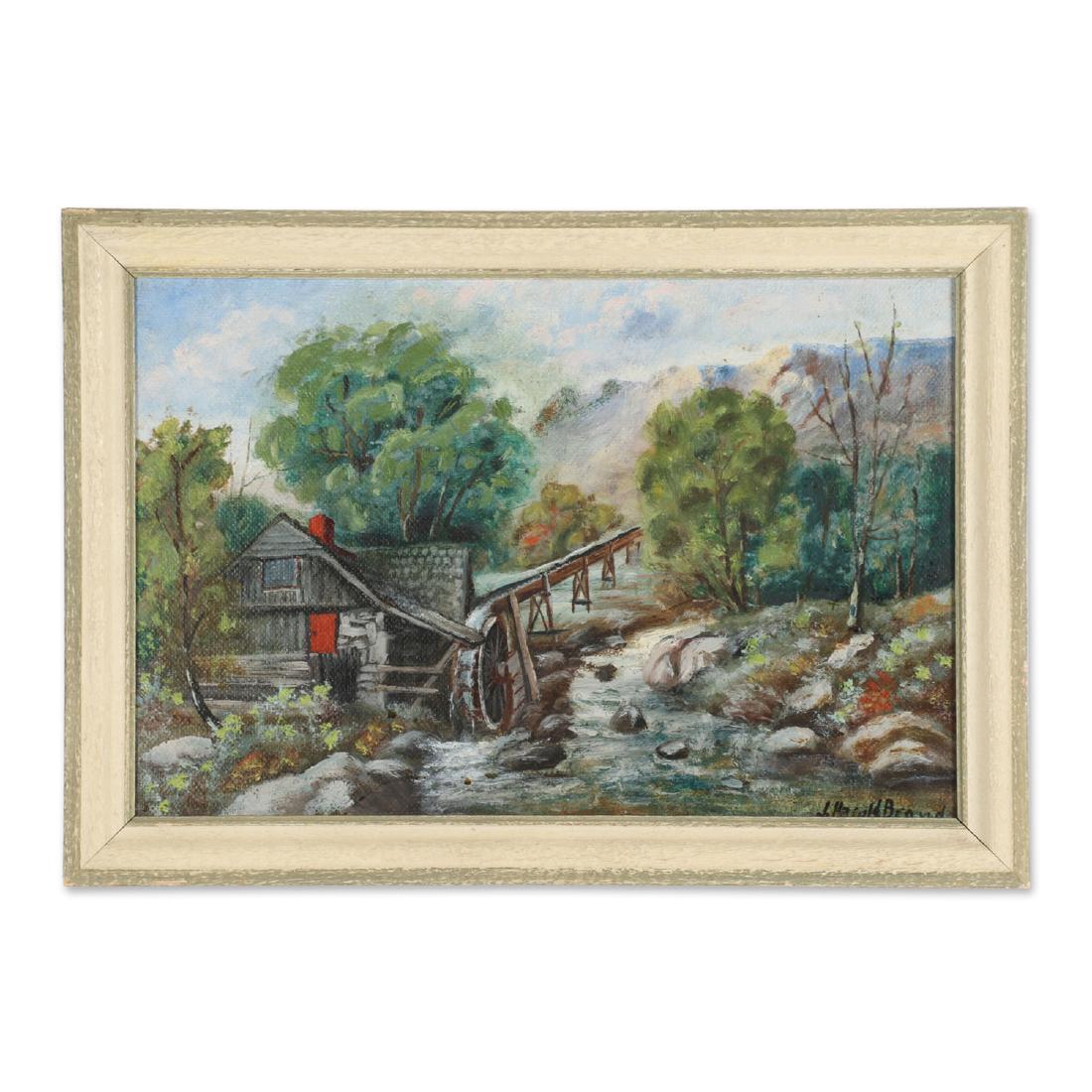 Brown, J Harold (18xx - 1949), Canadian: Titled, "The Old Mill", verso. Oil-on-board. Signed lower right and verso. 18" x 12".