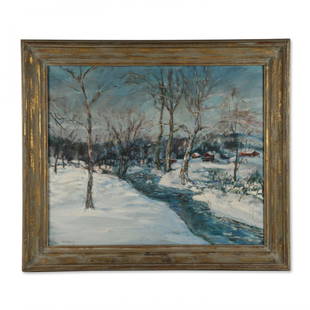 Baum, Walter Emerson (1884-1956) American: Titled, “The Brook in Winter”. Oil-on-canvas. Signed, lower left. 24.25” x 29.25” A 1/2 inch tear to canvas (with minor surface loss) middle left quarter. Minor crazing.