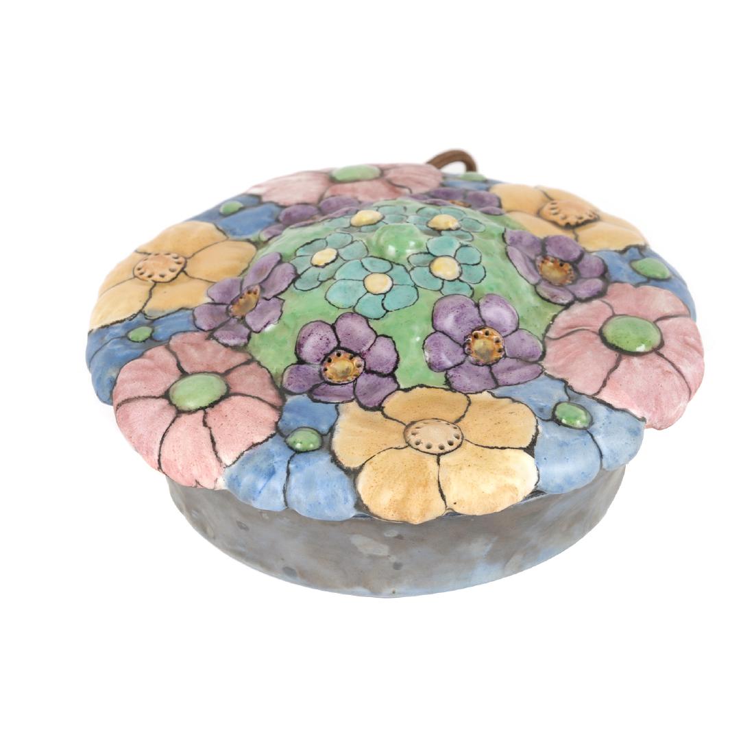 Unusual Limoges Perfume Lamp: Lot 52 - French. Relief floral bouquet decorated. Hand-painted lid with pierced flower stamens for ventilation. Rests on shallow bowl base housing light socket. Green mark, "Bernardaud & Co., France".