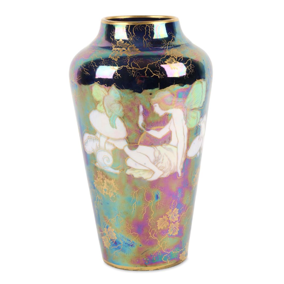 Royal Stafford Lustre Vase: Lot 214 - English. Enamel-painted and gilded vase. Marked, "Titania Ware - Guaranteed Royal Stafford - English Bone China - Made in England". 8â€ x 4.5â€. Minor flake, outer edge of the base. $1