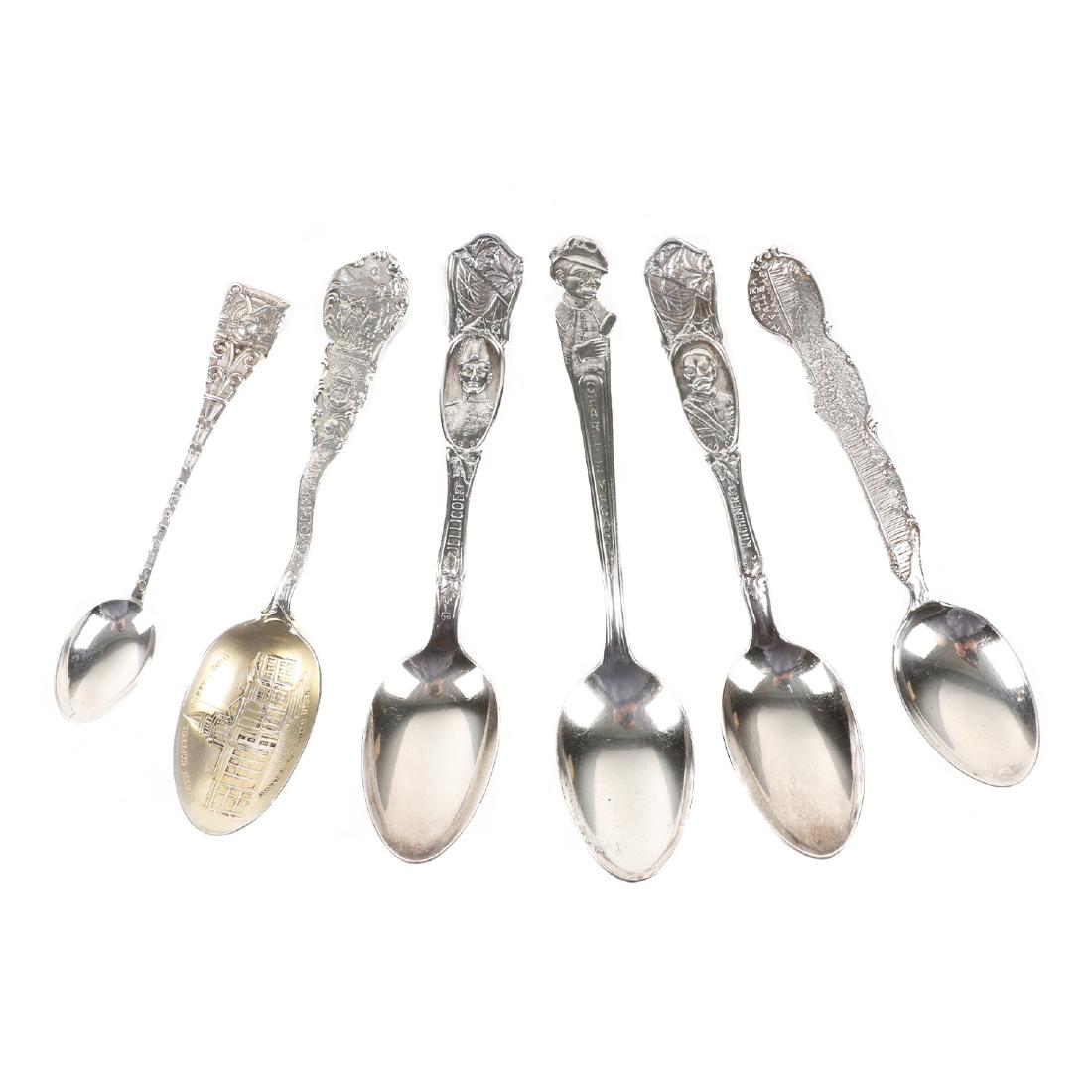 Silver Souvenir Spoons: Lot 250 - Six (6) pieces total. Jellicoe, Kitchener, Charlie McCarthy, Colorado (Sterling), Acapulco (Sterling), Niagara Falls. 5.5". Gross weight sterling, 32g. $50-100.