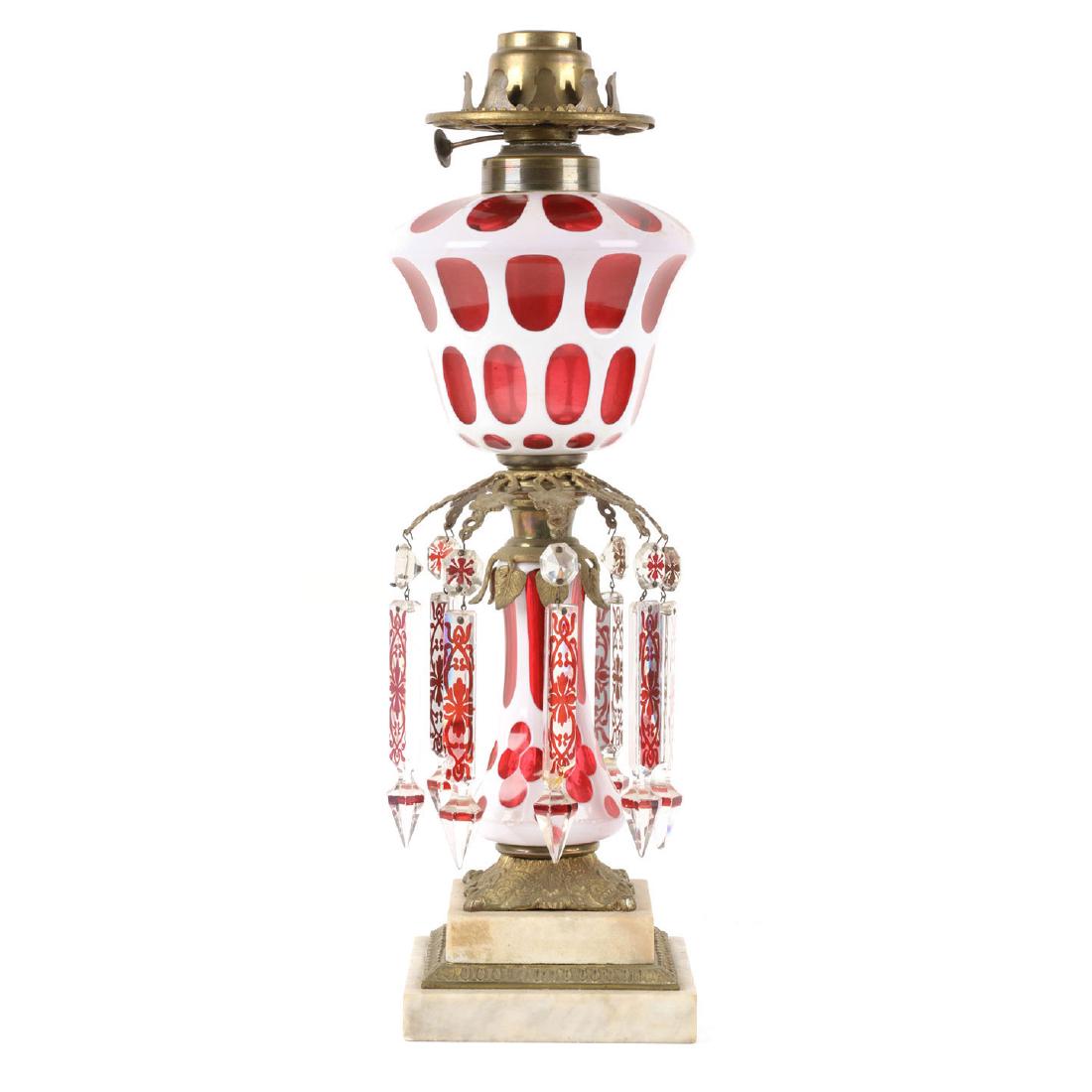 Boston & Sandwich Oil Lamp: Lot 331 - American. Contained crack, side of fount, two broken prisms. 17â€ x Base 5.5". $1200-1500.