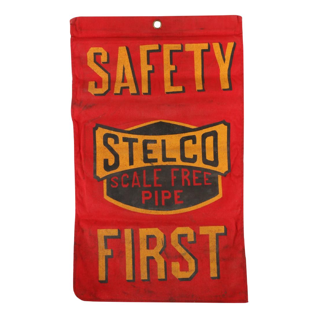 Stelco Safety Flag: Circa 1940. Two-sided screened cloth. Made for tying to the end of pipe lengths when transporting from hardware store to job sites. 14" x 8". $25-50.
