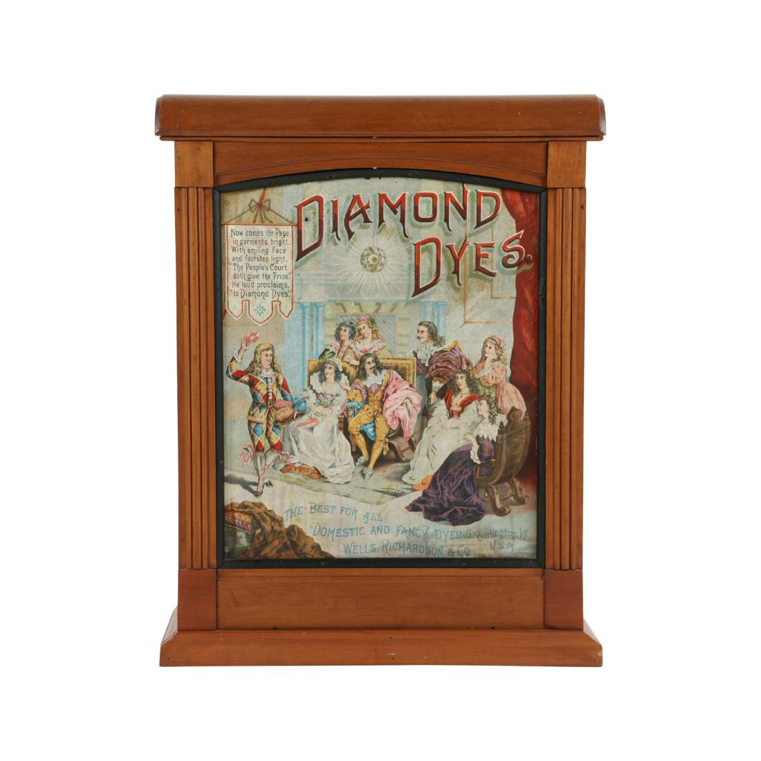 Diamond Dyes "The Prince" Cabinet: Marked, "The Kellogg and Bulkeley Co. Hartford, Conn" lower right edge. 27" x 21" x 10". Lithography shows minor, uniform wear. Cabinet was refinished. $800-1200.