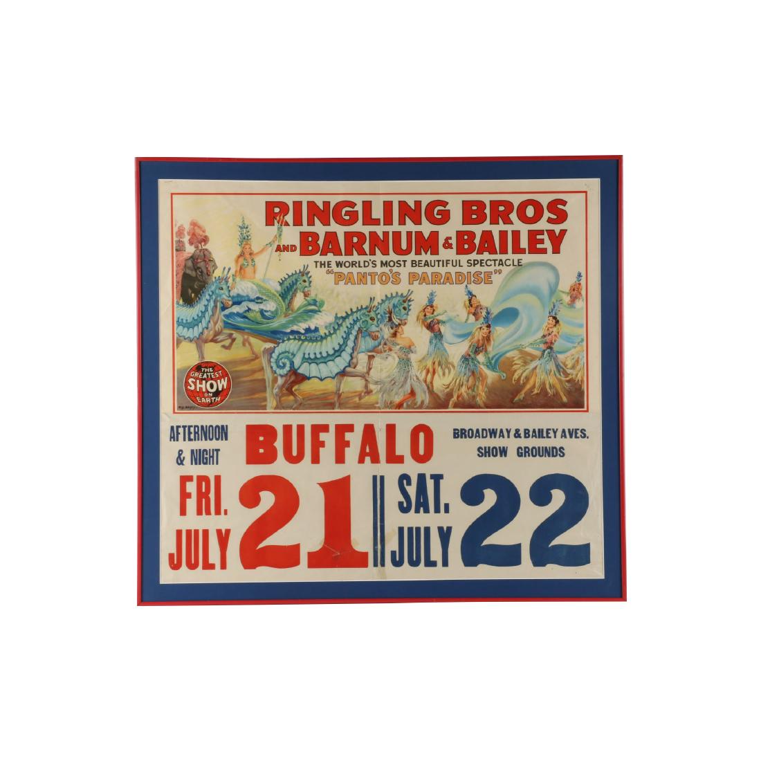 Ringling, Barnum & Bailey Circus Poster: Pantos Paradise. Buffalo New York. 27.5â€ w x 24.75 seen. Fold crease. Tape repairs, bottom middle. Staple marks, upper corners. Minor creases. Professionally framed. $300-500.