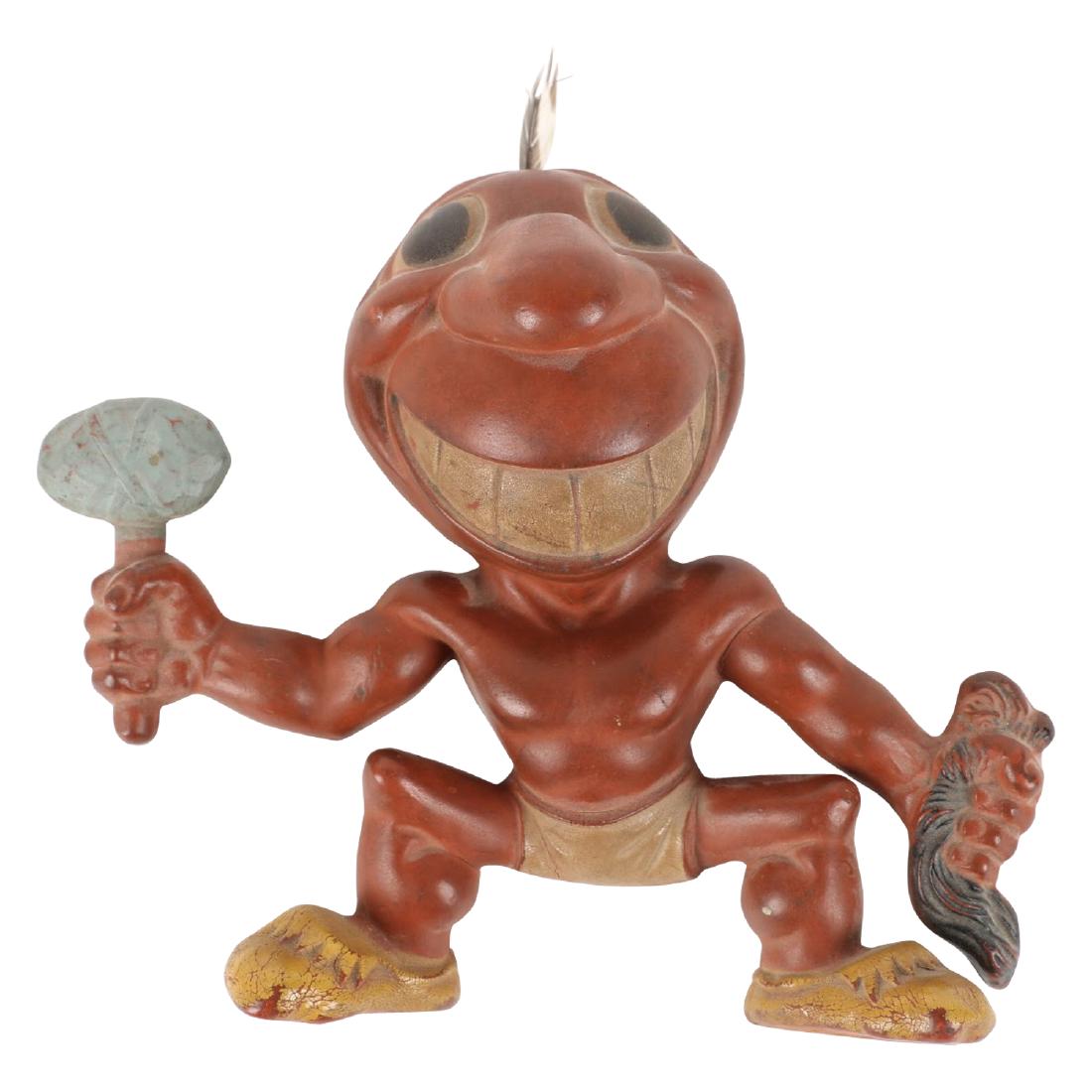 Cleveland Indians Rubber "Wahoo" Mascot: "Squeak" toy. Stamped "Rempel Mfg Inc. Akron, O, USA Fred G. Reinert". 7.5" x 6.5' X 3". Rubber is supple and free from cracks. Wear to painted accents. $50-100.