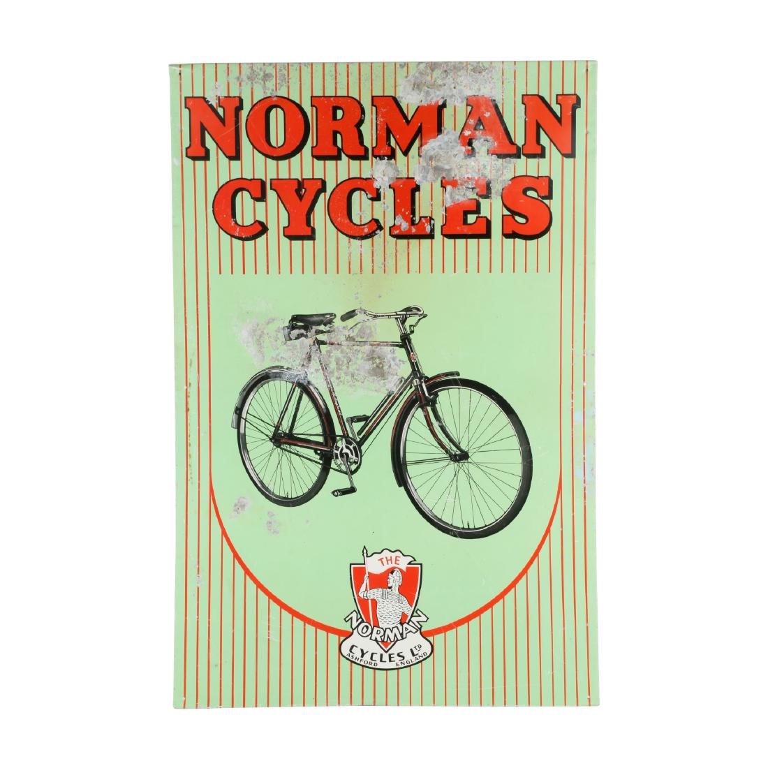 Norman Cycles Ltd Tin Litho Sign, England: Ashford, England. Circa 1950. Lithographed aluminum. Marked, "The Meta Box Company Ltd (L, W & M Branch) - To Clean, Wipe Gently with Moist Leather - Made in England", lower edge rear. 29.5" x 19.5". 