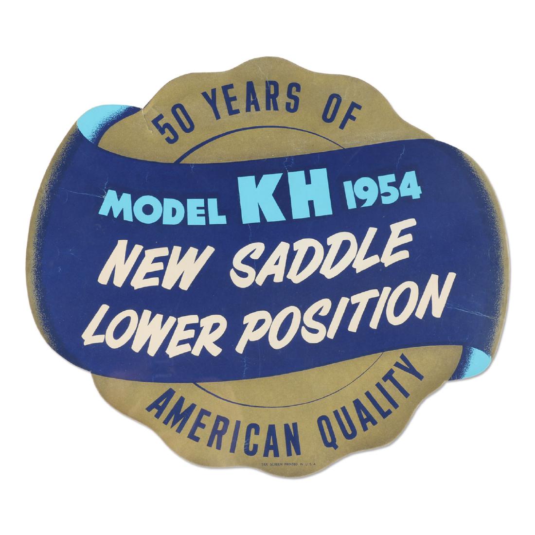 Harley Davidson Model KH Dealership Die Cut: Circa 1954. 50-year anniversary. Die Cut paper silkscreen. Single-sided. Marked, "silk screen printed in USA". 15.5" x 13.5". Minor creases, edge tears. $200-300.