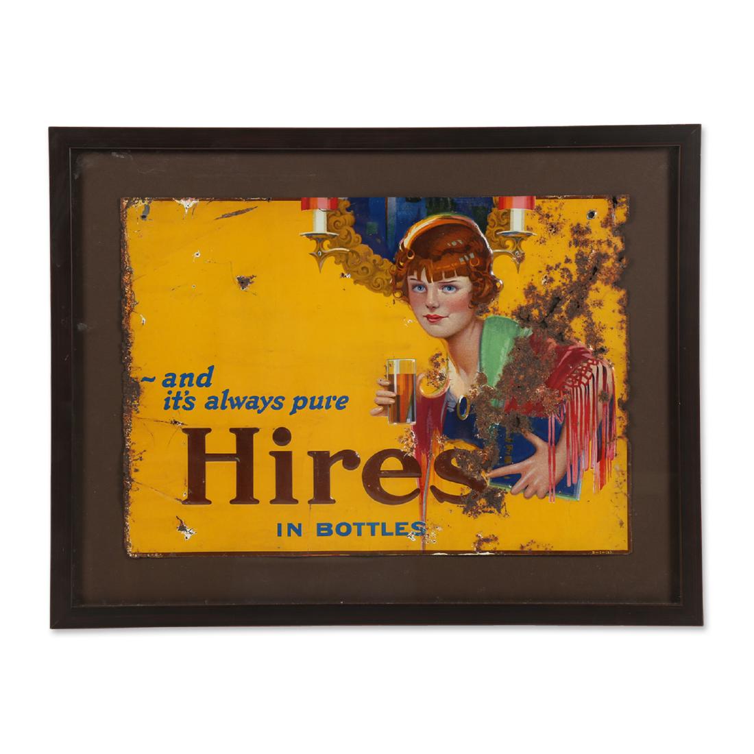 Hires Root Beer Tin Litho Sign: American. Circa 1915. "Made in USA B-1-A" lower edge. Edge wear including rust perforation in upper right quadrant. Framed. $300-500.