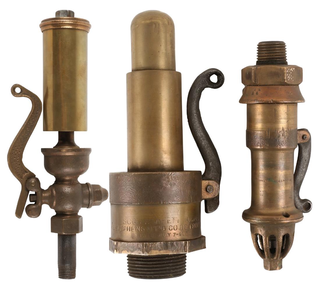 Brass Steam Whistle & Valves: Canadian and American. Steam Whistle unmarked. 12" x 4". Two (2) steam blow-off valves. Larger is marked "Scott Safety Valve - Roe Stephens M'f'g Co. Detroit Mich - Pat'd July 7-'91. Smaller marked: "