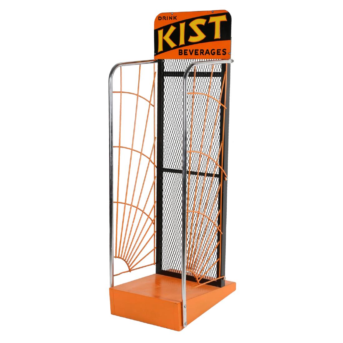 Orange Kist Chrome Product Display Rack: Canadian. Circa 1940s. Embossed sign. Art Deco. Marked, "St. Thomas Metal Signs Limited, St. Thomas" lower edge. 54.5" x 16.75" x 20.5". Sign: untouched original. Very minor edge creases. Rack: profes