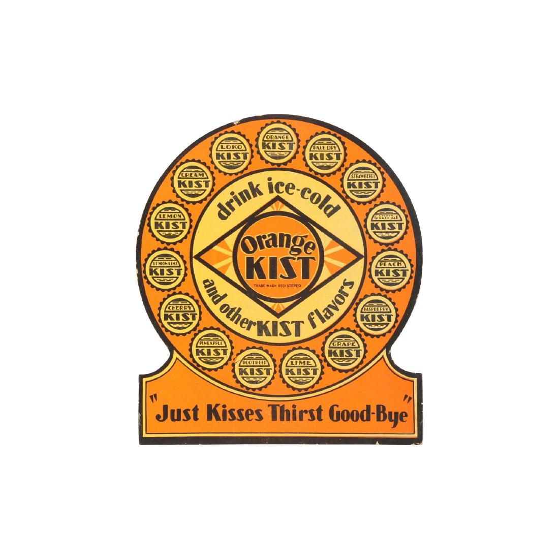 Orange Kist Cardboard Countertop Sign: Probably Canadian. Circa 1930s. New old stock. Die-cut. Features Kist brand bottle caps. Easel never unfolded. 5.75" x 5". Minor foxing on reverse. Subtle edge wear. $100-200.